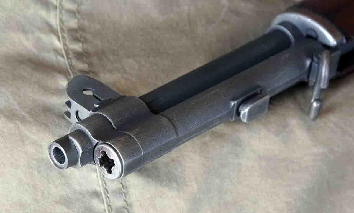 The gas-port plug underneath the muzzle can be replaced with an after-market model to shoot commercial .30-06  ammunition.